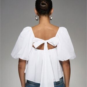 Glamourous White Cotton Scoop Back Bow Tie Short Puff Sleeve Blouse Sz 8